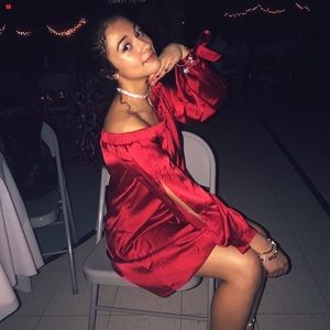 Off the shoulder red satin dress